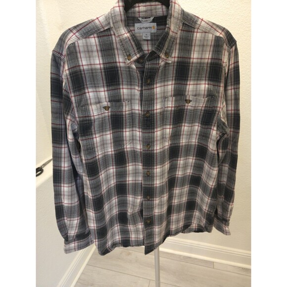Carhartt M Relaxed Fit Flannel Pockets Shirt Red Black White Plaid Button Up - Picture 1 of 9